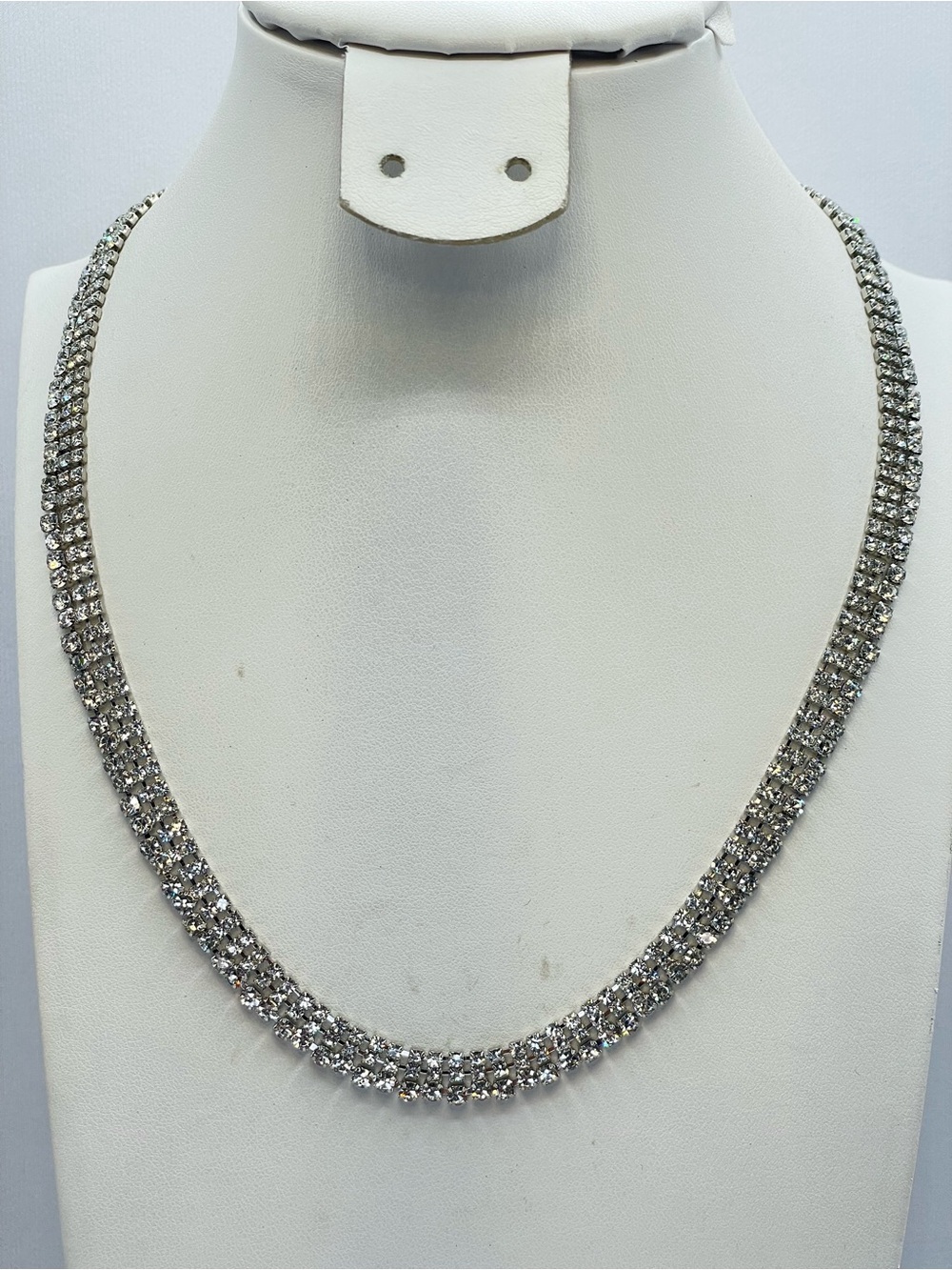 Silver Tone Crystal Glass Multi Row Tennis Necklace Statement